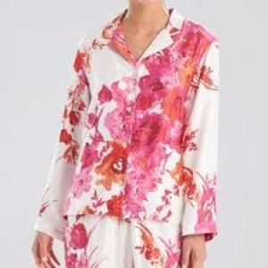 Natori Pink and Orange Floral Satin Button-Up Top